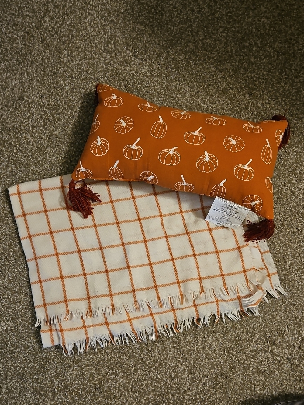 Target Orange Pumpkin Pattern Pillow with Cream & Orange Check Throw